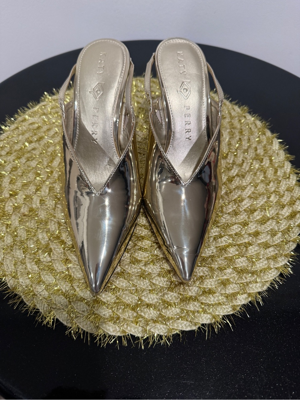 Katy Perry Collections Shiny Metallic Gold Pointed Mule Slides